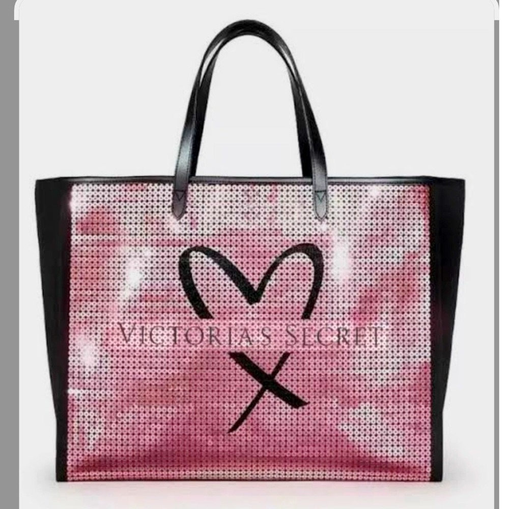 Victoria's Secret Tote Bag Black Pink Sequin Heart Logo Travel Gym Beach Large